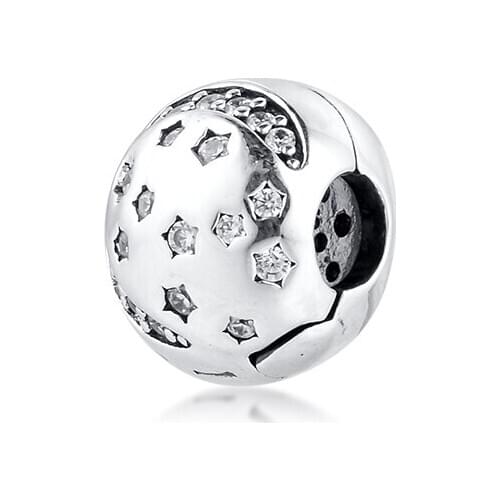 Fits For Pandora Bracelets Twinkling Night Clip Charms with with Clear Cubic Zirconia 100% Sterling Silver Beads Free Shipping