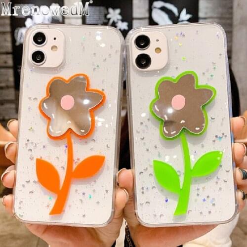 MrenewedM 12 Pro Max Transparent Glitter Phone Case For iPhone 11 X XR XS 7 8 6 Plus SE2 Cute Cartoon Flower Makeup Mirror Cover