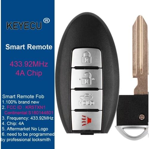KEYECU Keyless Go Smart Remote Control Key for Nissan Altima 2019 2020, Fob 4 Button - 433.92MHz - 4A Chip - KR5TXN1 S180144801