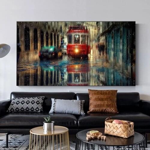 Retro City Street Oil Paintings on Canvas Abstract Landscape Posters and Prints Wall Hanging Pictures for Living Room Decor