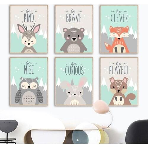 Cartoon Deer Bear Fox Owl Rabbit Raccoon Letter Wall Art Canvas Painting Nordic Posters And Prints Wall Pictures Kids Room Decor