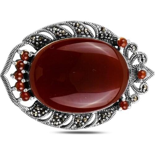 Silver 925 Sterling Natural Stone & Marcasite Gemstone Brooch