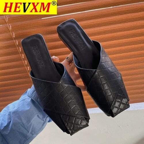 2021 Mules Ladies Slippers Summer Square Toe Cut Out Flats Outside Slides Korean Casual Cross Band Students Flip Flops Zapatos