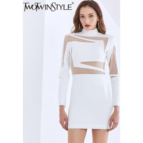 TWOTWINSTYLE Patchwork Mesh Slim Dress For Women Stand Collar Long Sleeve High Waist Mini Dresses Female 2020 Fashion Clothing