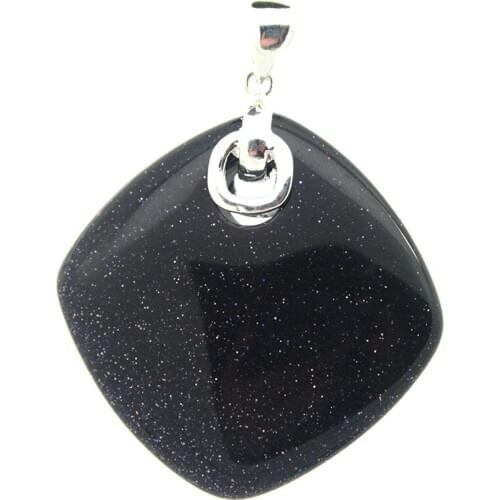 925 Sterling Silver Jewelry Natural Black sandjade Rhombus Pendant 35x35MM