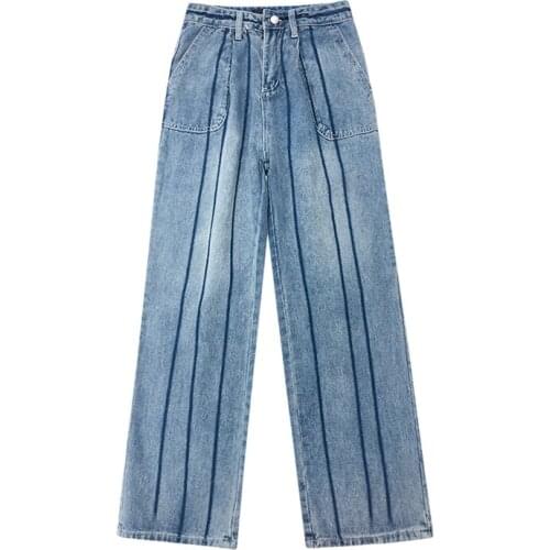 PERHAPS U Women Light Blue Zipper Button Striped Denim Jeans Pocket High Street Wide Leg Pants Length Pants Autumn Winter P0040
