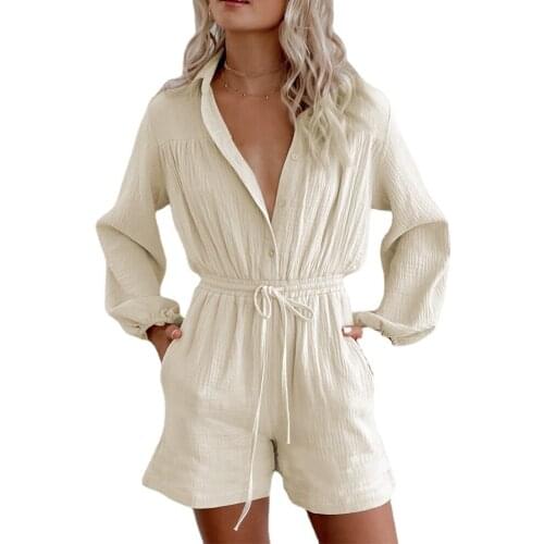 Cardigan Loose Jumpsuit Women 2021 New Long-sleeved Drawstring Pockets Waist Single-breasted Button