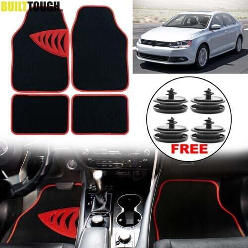 4x Car Floor Mat Non Slip Carpet Heel Pad W/Clip Cover Liner Red Trim Edging For VW Fox Polo Golf Passat Jetta Passat Vento EOS
