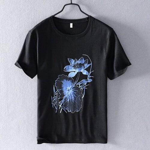 Man Oversized T Shirt Xxxl Boys Summer Cotton Linen T-shirt Chinese Floral Ink Print Tshirts Black Tee Shirt Graphic Tees Men