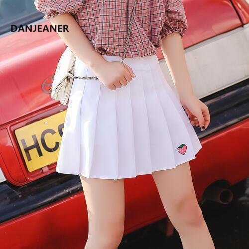 Danjeaner 2019 High Waist Pleated Skirt Anime Cosplay School Uniform Strawberry Embroidered Pleated Skirt for Girl Jupe Femme
