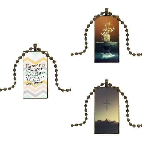 For Kids Beads Vintage Jewelry Bronze Plated With Glass Cabochon Choker Long Pendant Rectangle Necklace Christian Scripture
