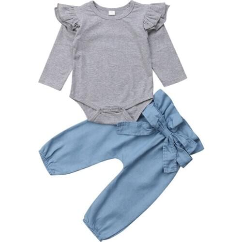 Toddler Infant Baby Girl Cotton Tops Solid Long Sleeve Romper Bowknot Denim Pants Outfits Clothes Set