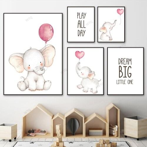 WTQ Canvas Painting Nursery Elephant Balloon Wall Art Children Poster Print Picture Nordic Kids Quotes Baby Girl Bedroom Decor