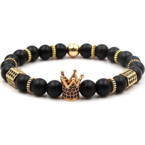 Trendy Matte Black Stone beads manual Bracelet Pave CZ crown Bracelets Bangles for Men&Women Classic Jewelry popular accessories