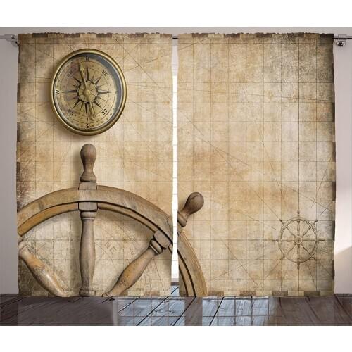 Nautical Curtains Steering Wheel Compass with Vintage Map Setting Captains Chamber Finding Treasure Living Room Bedroom Decor
