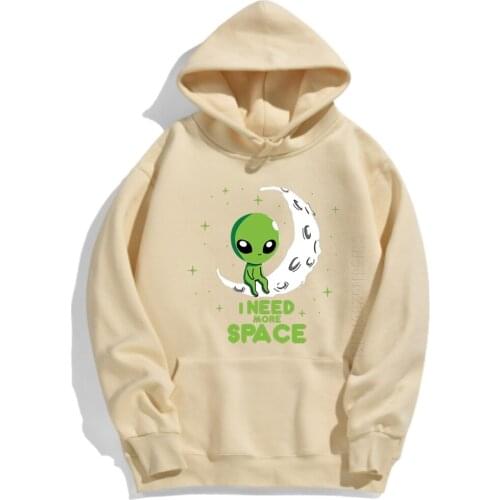 On Moon Green Cartoon Alien Hoodie Male I Need More Space Mens Pullovers Brand Oversized Warm For Man