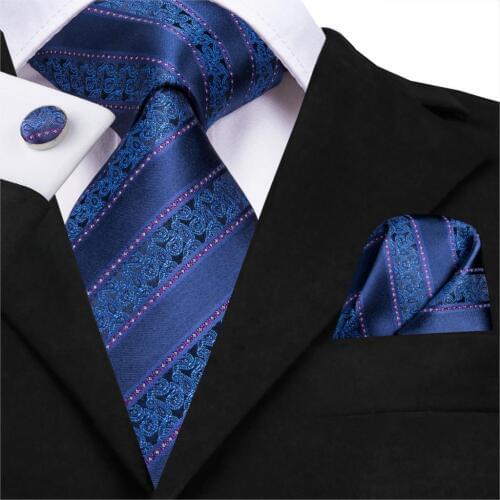 SN-3135 Men Tie Woven 100% Silk Necktie New Blue Striped Luxury Party Wedding Classic Fashion Pocket Square Cufflinks Tie Set