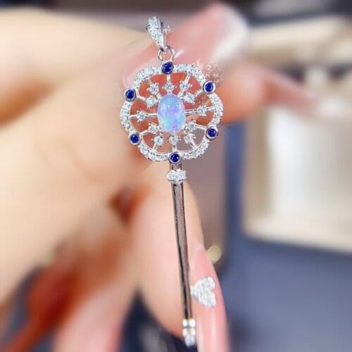 Natural real opal key style necklace pendant Per jewelry 4*6mm 0.3ct gemstone 925 sterling silver Fine jewelry J215915