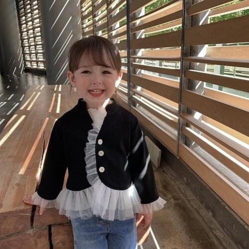 Girls' Autumn Gauze Edge Coat 2021 New Cute British Style Small Fresh Fake Two-piece Cardigan Childrens Solid Color Formal Coat
