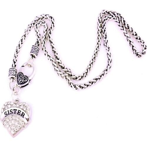 Necklace For Female Male Family Good Gift SISTER Written Heart Shape Wheat Link Chain Crystal Zinc Alloy Dropshipping