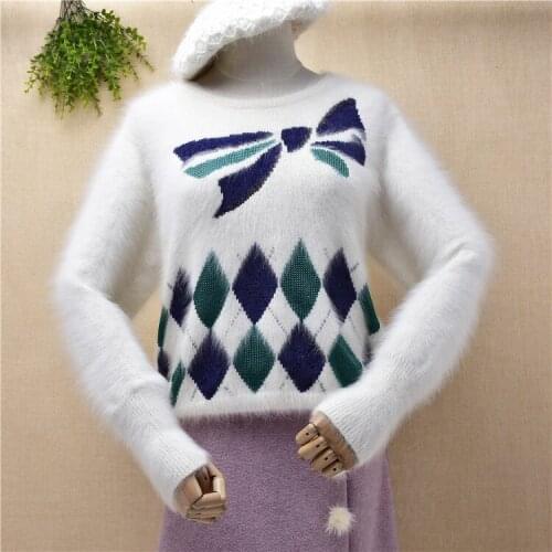 Female women hairy fuzzy white angora rabbit hair knitted embroidery loose pullover winter mink cashmere jumper sweater pull