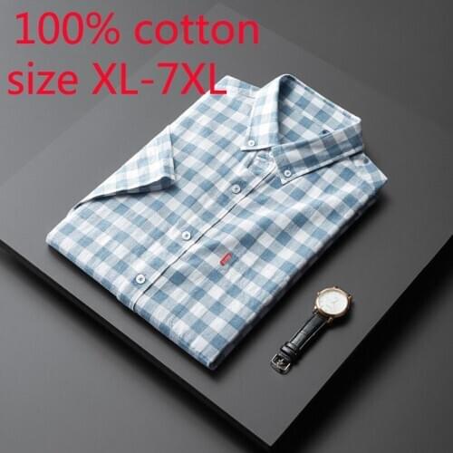 New Arrival Fashion Men Spring Autumn Super Large Short Sleeve 100% Cotton Plaid Single Breasted Casual Shirts Plus Size XL-7XL