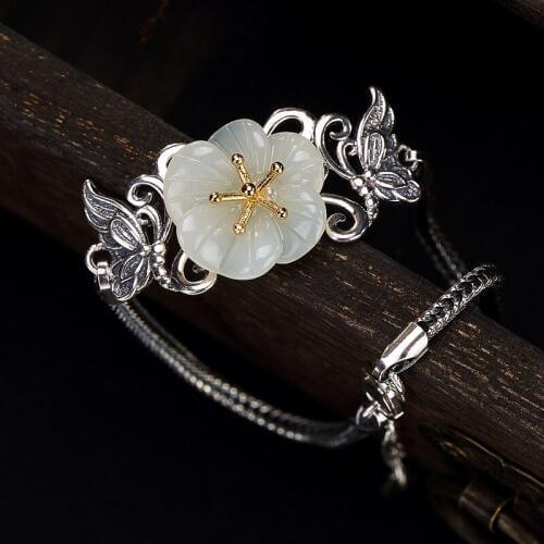 Silver S925 Sterling Silver gilded antique mosaic and jade white jade plum blossom lady high-end Joker chain wholesale
