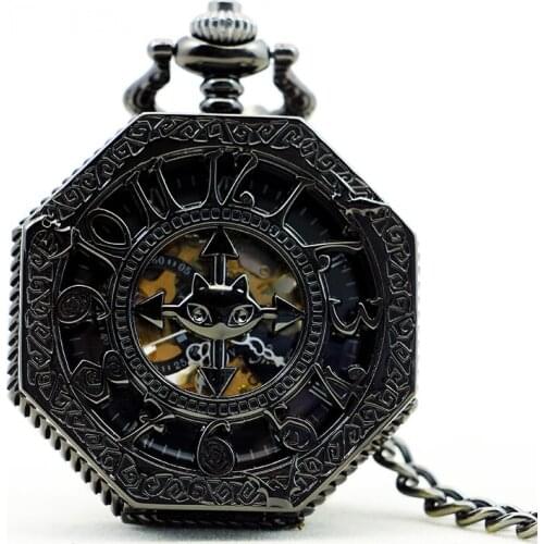 Steampunk Automatic Mechanical Pocket Watch Black Cool Luxury Stylish Vintage Carving Fob Clock Retro Fashion Pendant Gift