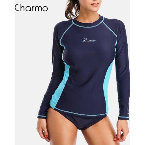 Charmo Women Rash Guards Swimwear Long Sleeve Rashguard Swim Shirts Surf Top Swimsuit Running Shirt Hiking Rashguard UPF 50