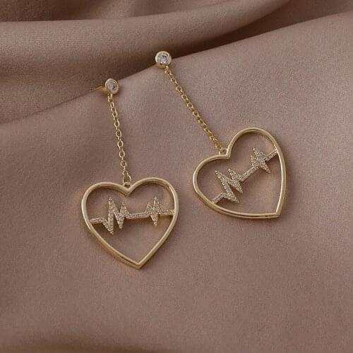 VSnow Temperament Love Heart Heartbeat Dangle Earring for Women Trendy Hollow Out Rhinestone Long Tassel Metal Earring Jewelry