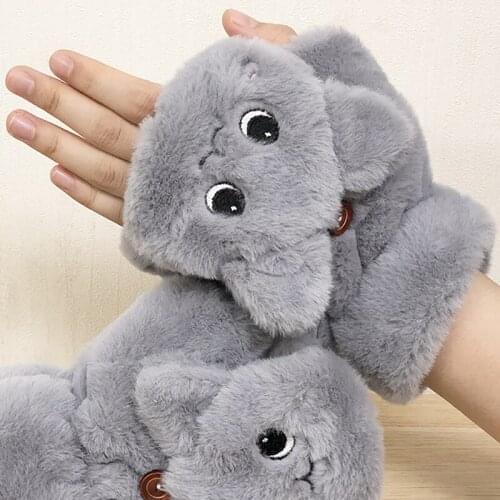 Women Gir Cute Rabbit Fur Knit Mittens Plush fingerless Gloves Flip Half Finger Driving Glove Winter Soft Warm Thick Gloves HOT