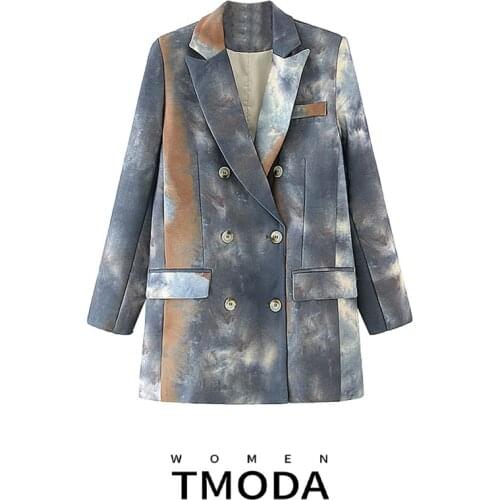 TMODA372 Women 2020 Fashion Double Breasted Tie-dye Print Blazer Coat Vintage Long Sleeve Pockets Female Outerwear Chic Tops