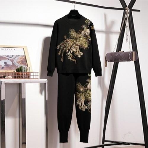 Piece Tracksuit Women 2 Set Casual Outfit Black Hoodies Sweatshirt Pants Beading Diamonds Street Sweat Suit