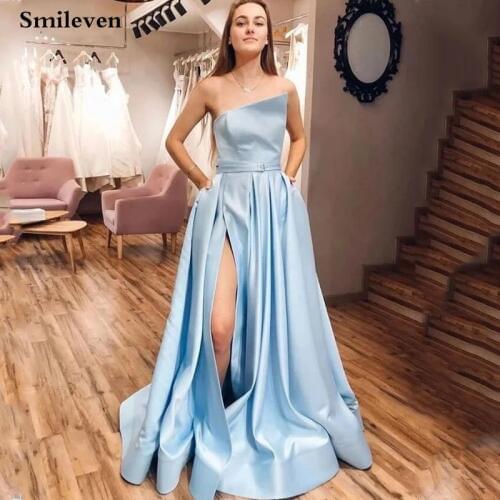 Smileven Sky Blue Formal Evening Dress Side Split Train Prom Dress Women Long Evening Party Gown Custom Made