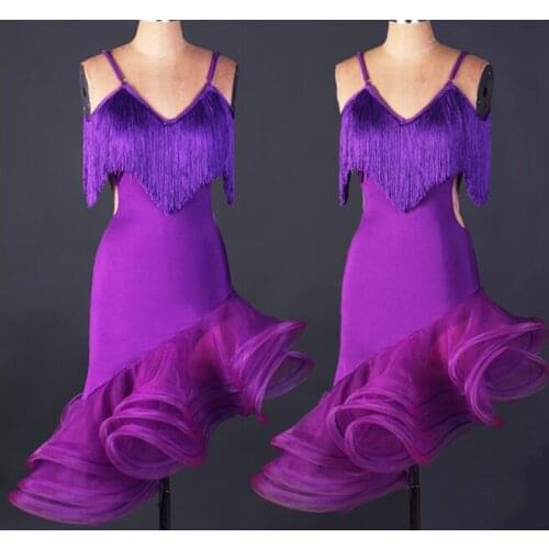 Purple tassel spiral tassel Paso Double jive Rumba cha cha salsa Latin dance dress competition wear S-XXXL