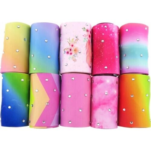 75mm rhinestones printed grosgrain ribbon heat transfer unicorn flower rainbow feather design DIY handmade bows 100yards/lot