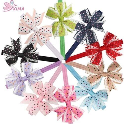 XIMA 20pcs/lot 3''Dot Ribbon Bows Elastic Hairband Hair Ribbon Bows Headband Kids Hair Accessories 10 Colors