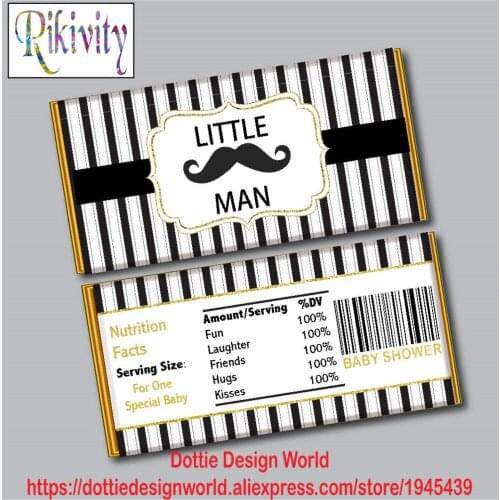 Custom Little Man Boy Hershey Chocolate Candy Bar Wrapper Black Stripe Prince Wine Water Bottle Labels Birthday Party Decoration
