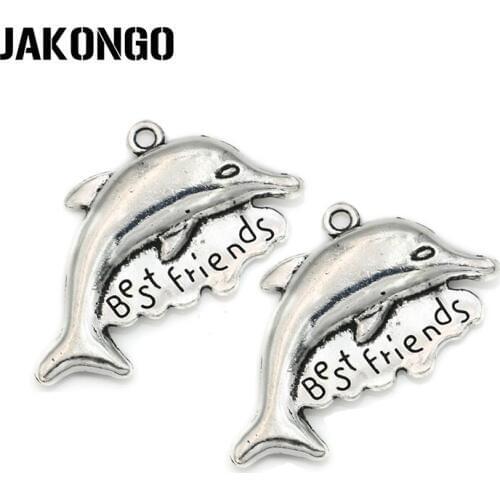 JAKONGO Antique Silver Plated Dolphin Best Friends Charms Pendants Jewelry Findings Accessories Making fit Bracelet DIY 21x34mm