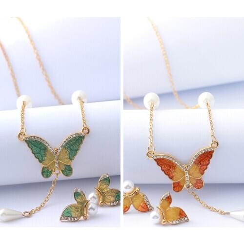 Sweet Butterfly Earrings Necklace Set Ladies Green Orange Butterfly Pendant Elegant Jewelry Set Exquisite Jewelry Set Wholesale