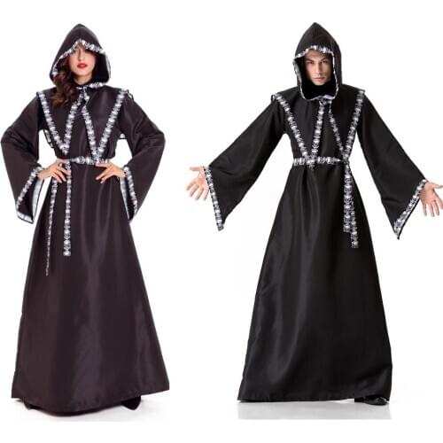 Halloween Medieval Gothic Witch Costume Hooded Dress Adult Women Men Carnival Vampire Cosplay Long Dress Outfit