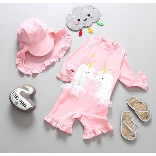 1~7Year Girls Swimsuit One piece Baby Girls Unicorn Swimwear Children Floating Swimsuit with Cap Infant Baby Surfing suit-SW372