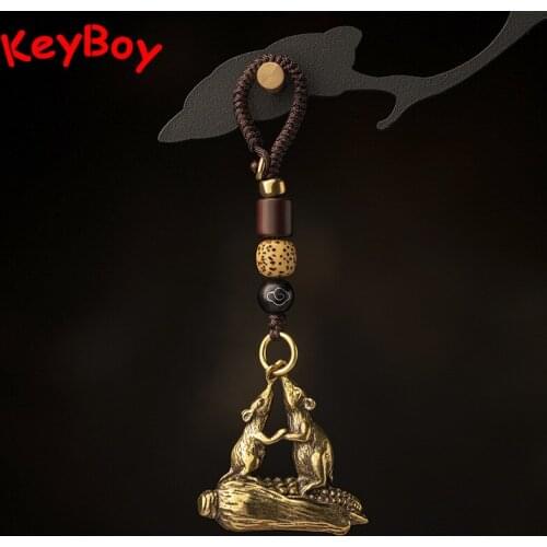 Pure Brass Mice Love Corn Figurine Car Keychain Pendant Chinese Vintage Lucky Mouse Motorcycle Key Chain Hanging Jewelry Keyring