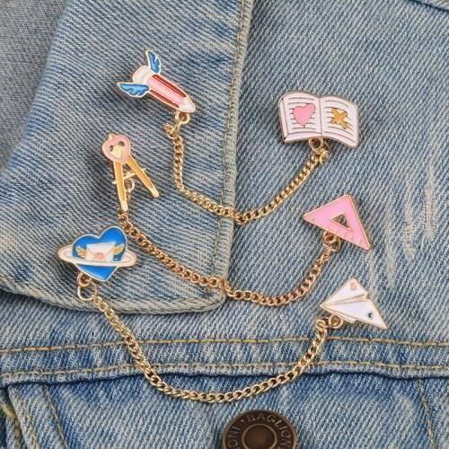 Cute Chain Brooch Aircraft Pencil Book Ruler Plane Enamel Pin Stationery Bag Badge Denim Jackets Lapel Pins Student Jewelry Gift
