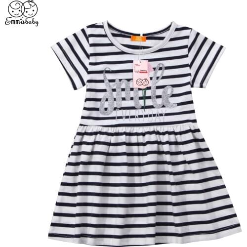 Toddler Kids Baby Girl Lovely Short Sleeve Striped Letter O-Neck Party Wedding Tutu Dresses 1-6Y