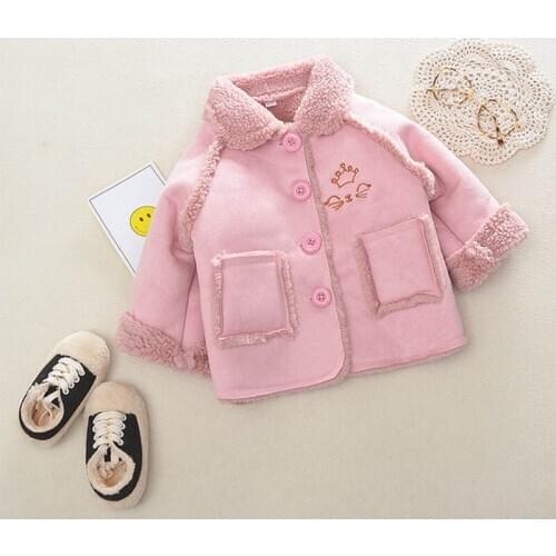 Baby Girls Plus Velvet Jacket Kids Winter Lapel Outer Toddler Cartoon Embroidery Coat Infant Outerwear Children Clothing