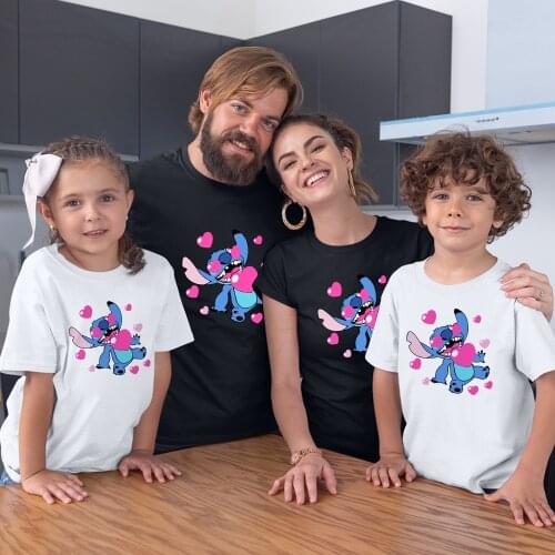 Disney Family Matching Clothes Kawaii Summer New Products Lilo & Stitch Cartoon Pattern Black White Adult Unisex T-Shirt O-Neck