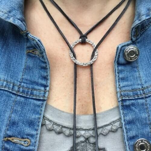 Strand boho Y Necklace Wrap Necklace with silver charms and leather cord Necklace