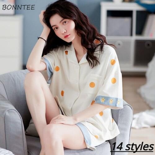 Pajama Sets Women Nightwear Turn-down Collar Short Sleeve Kawaii Sweet Korean Summer Soft Schoolgirls High Waist Fashion Newly