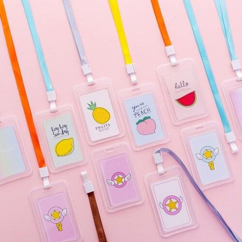 Simple Lanyard Transparent Business Card Holder Kids Student Cartoon Fruit Clear Plastic Bank Credit Name ID Card Case Cover